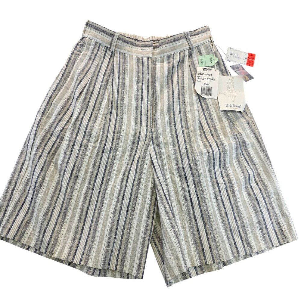 Vintage Bellepointe Sarah Stripe Linen Shorts S Khaki Wide Leg Resort Coastal
